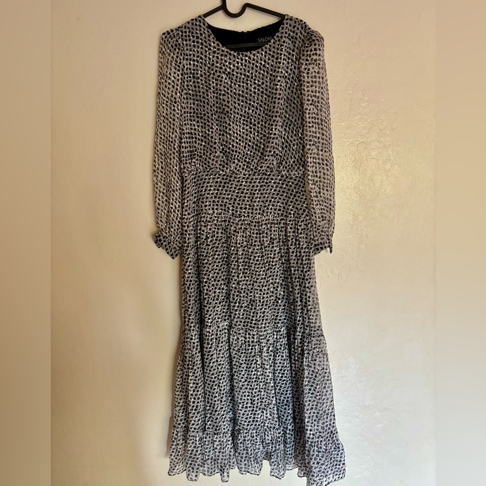 Saloni Maxi Dress, Silk, Black White dot, Size 6 Small